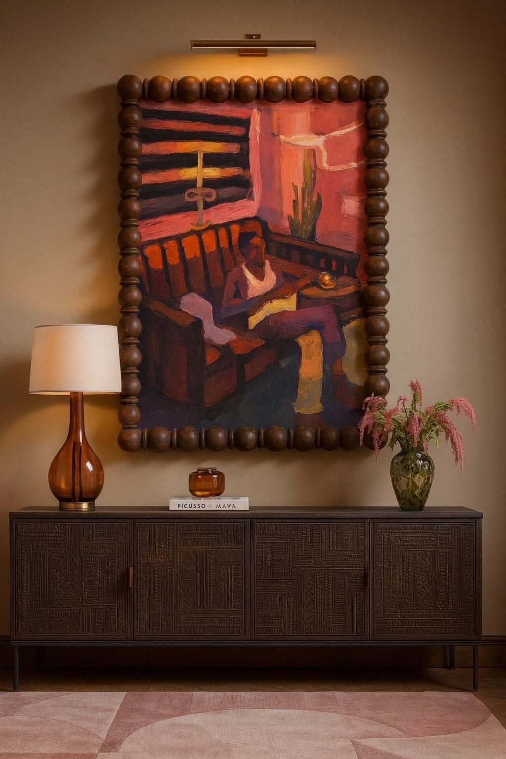 Painting in a wooden bobbin frame above a cane sideboard