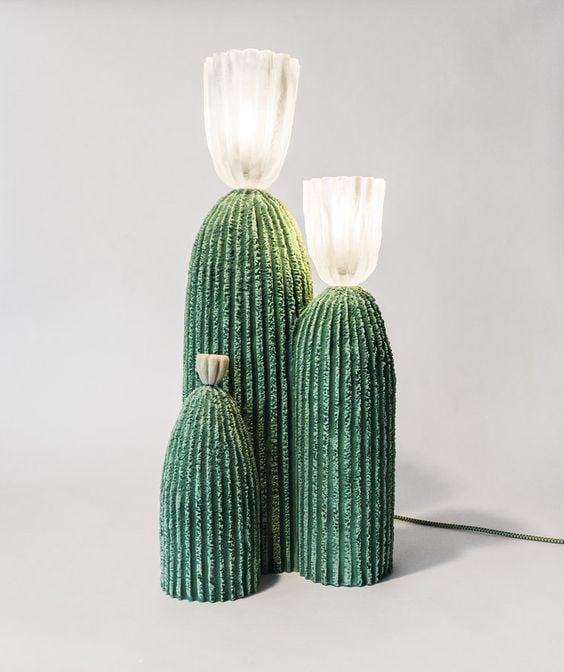 Two green ceramic cactus-shaped table lamps with frosted glass shades