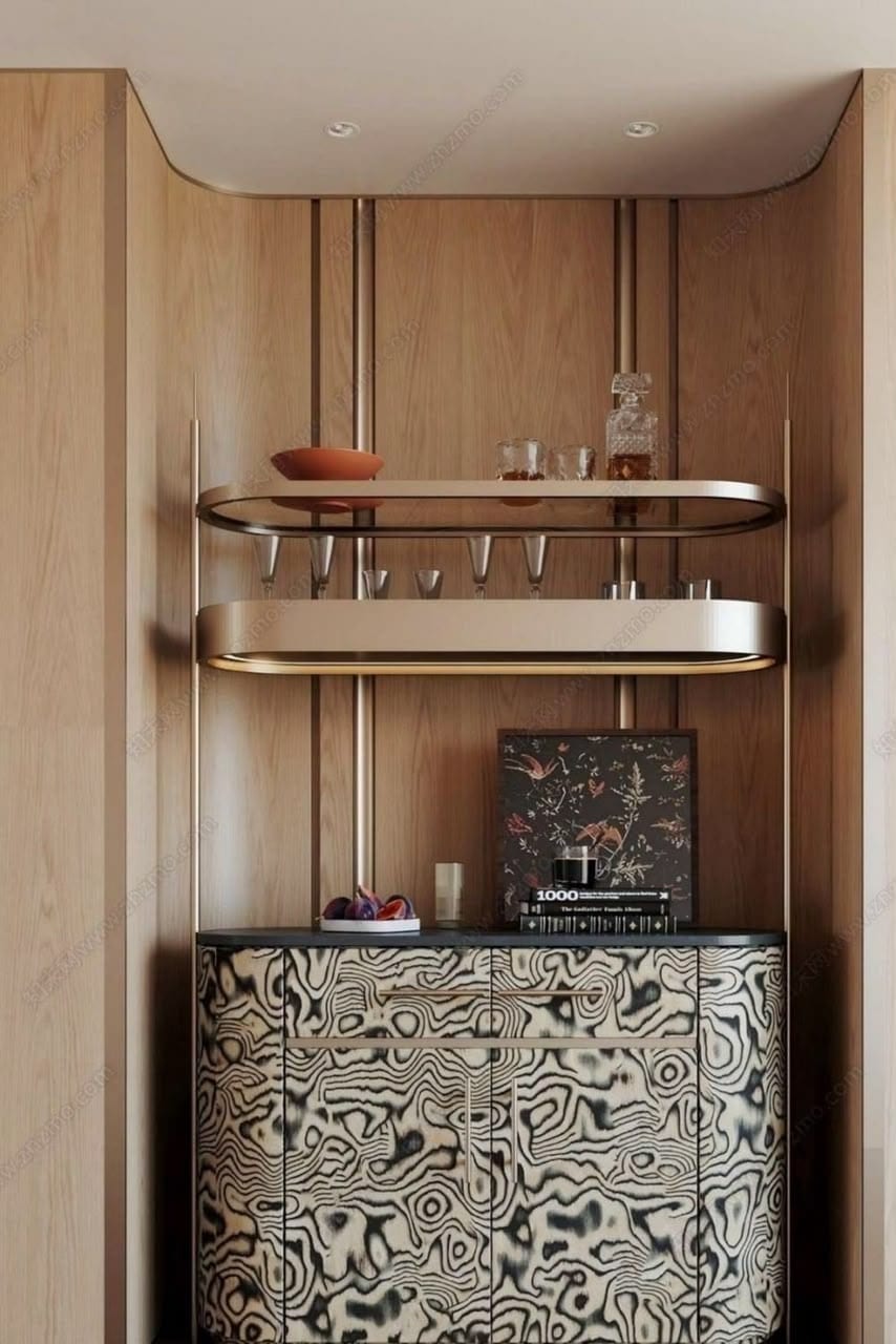 Marble bar cabinet in a wood-panelled niche