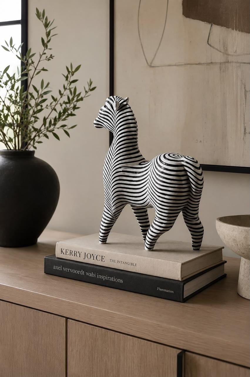 Black and white zebra sculpture on a stack of books